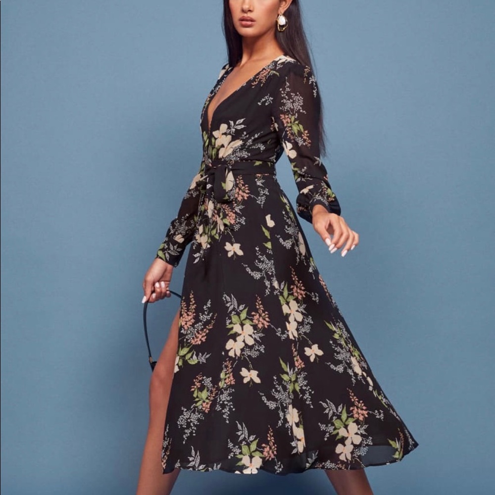 Reformation Susana Black Floral Midi Dress - Picture 2 of 5